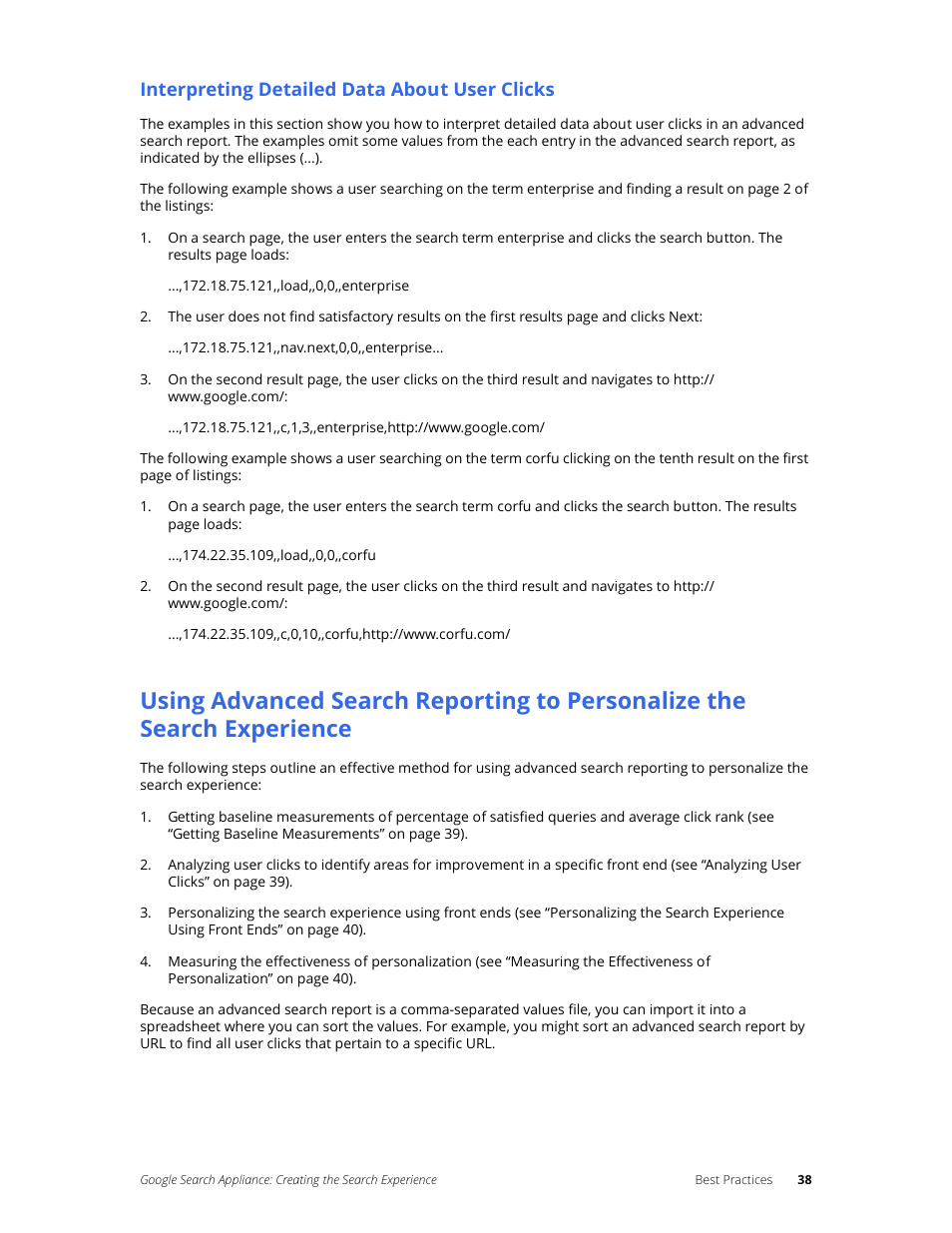 Interpreting detailed data about user clicks | Google Search Appliance Creating the Search Experience User Manual | Page 38 / 141