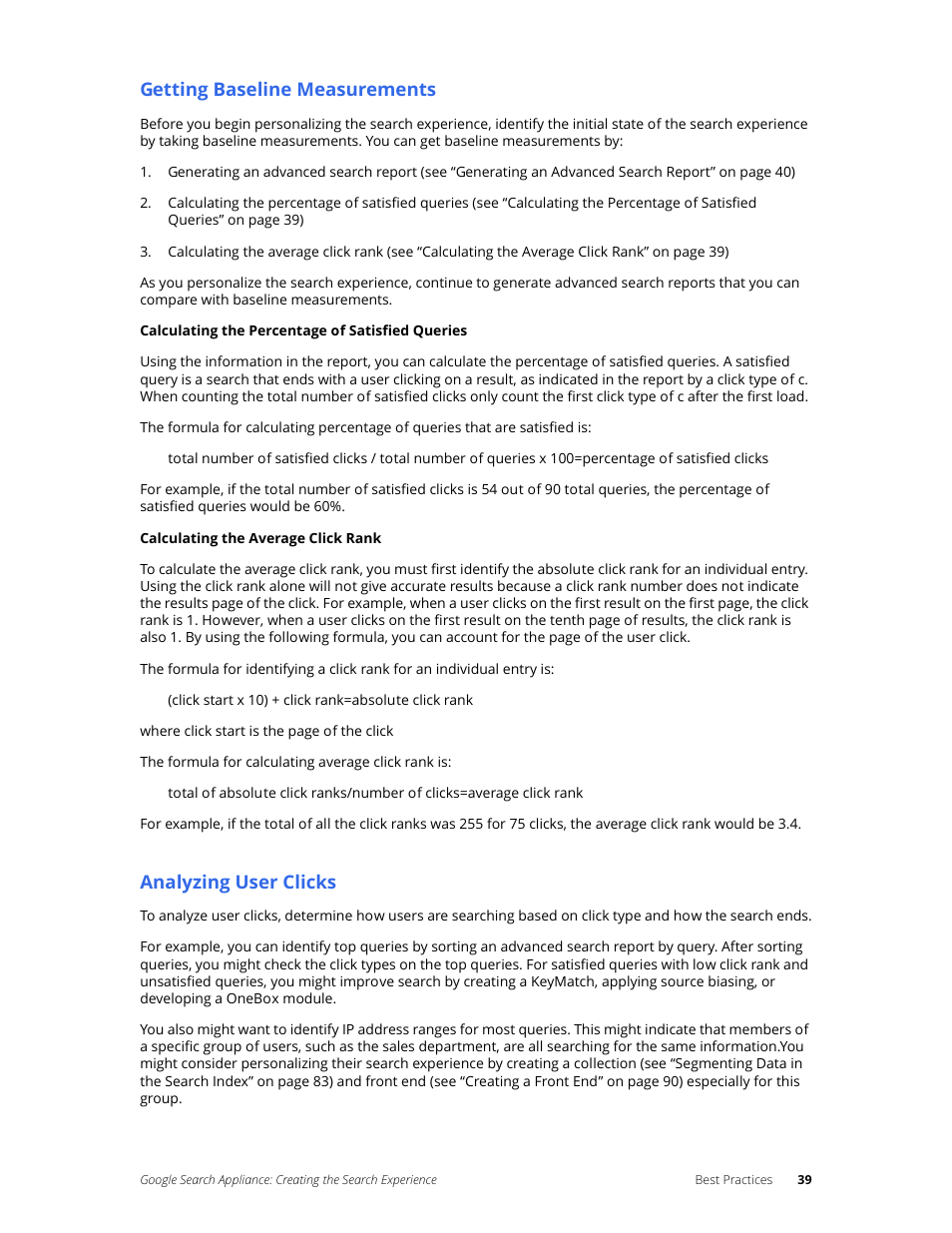 Getting baseline measurements, Analyzing user clicks | Google Search Appliance Creating the Search Experience User Manual | Page 39 / 141