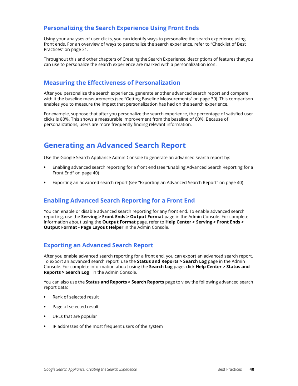 Measuring the effectiveness of personalization, Generating an advanced search report, Enabling advanced search reporting for a front end | Exporting an advanced search report | Google Search Appliance Creating the Search Experience User Manual | Page 40 / 141