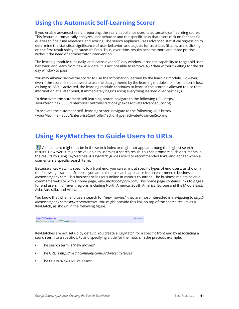 Using the automatic self-learning scorer, Using keymatches to guide users to urls | Google Search Appliance Creating the Search Experience User Manual | Page 41 / 141