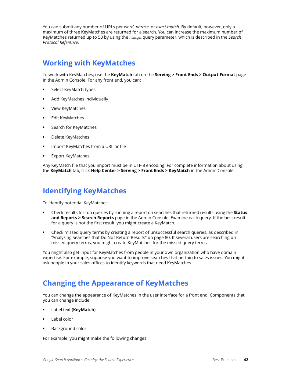 Working with keymatches, Identifying keymatches, Changing the appearance of keymatches | Google Search Appliance Creating the Search Experience User Manual | Page 42 / 141