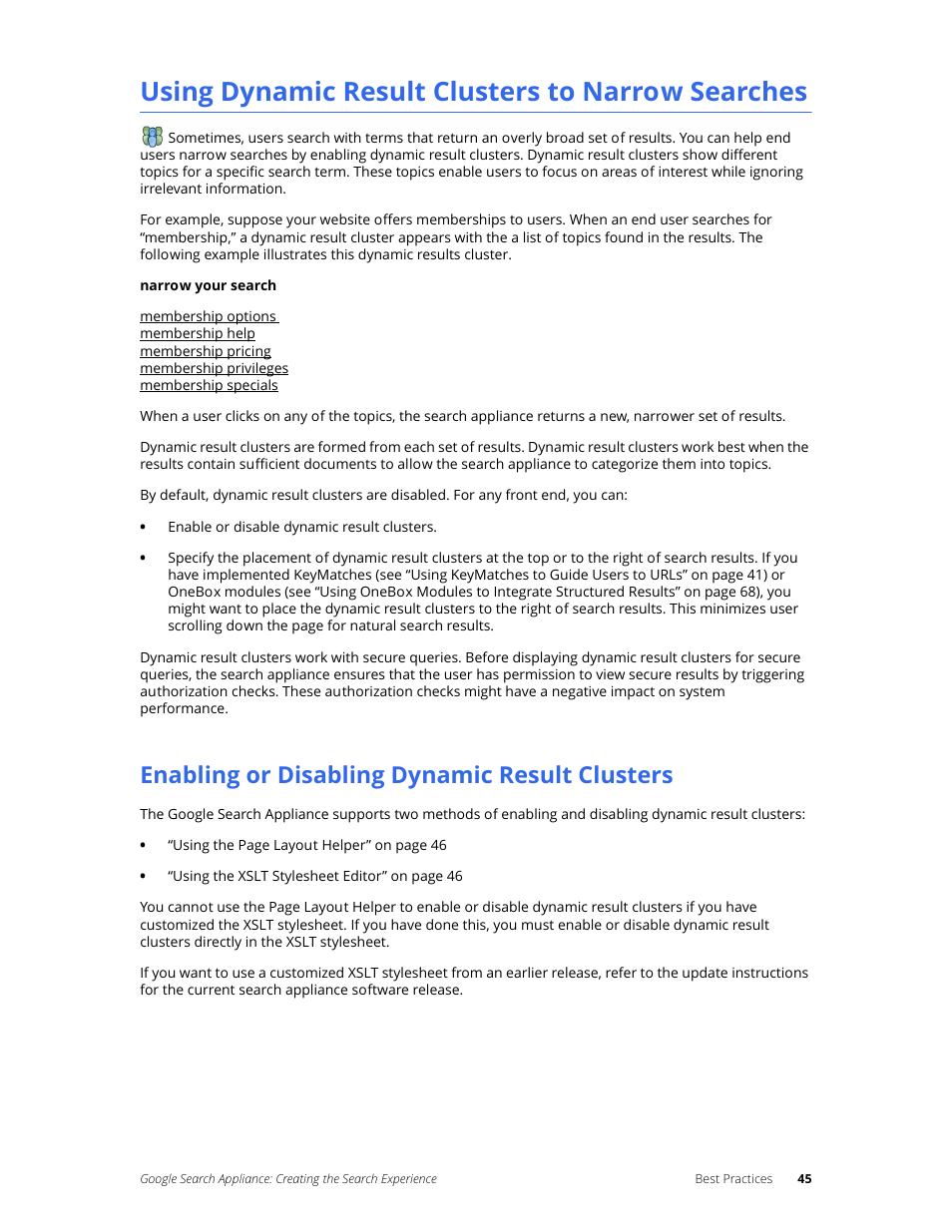 Using dynamic result clusters to narrow searches, Enabling or disabling dynamic result clusters | Google Search Appliance Creating the Search Experience User Manual | Page 45 / 141