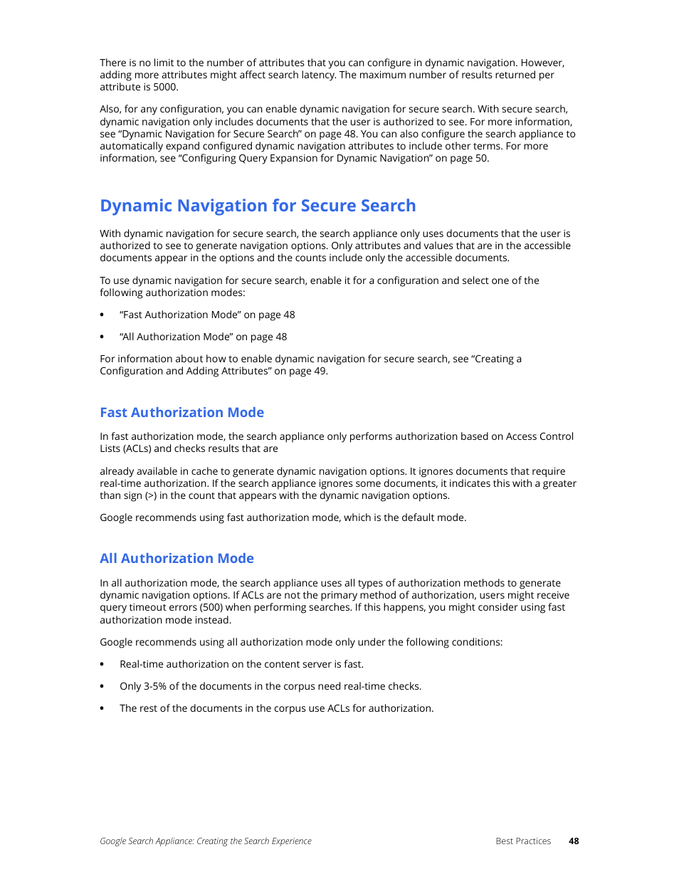 Dynamic navigation for secure search, Fast authorization mode, All authorization mode | Google Search Appliance Creating the Search Experience User Manual | Page 48 / 141