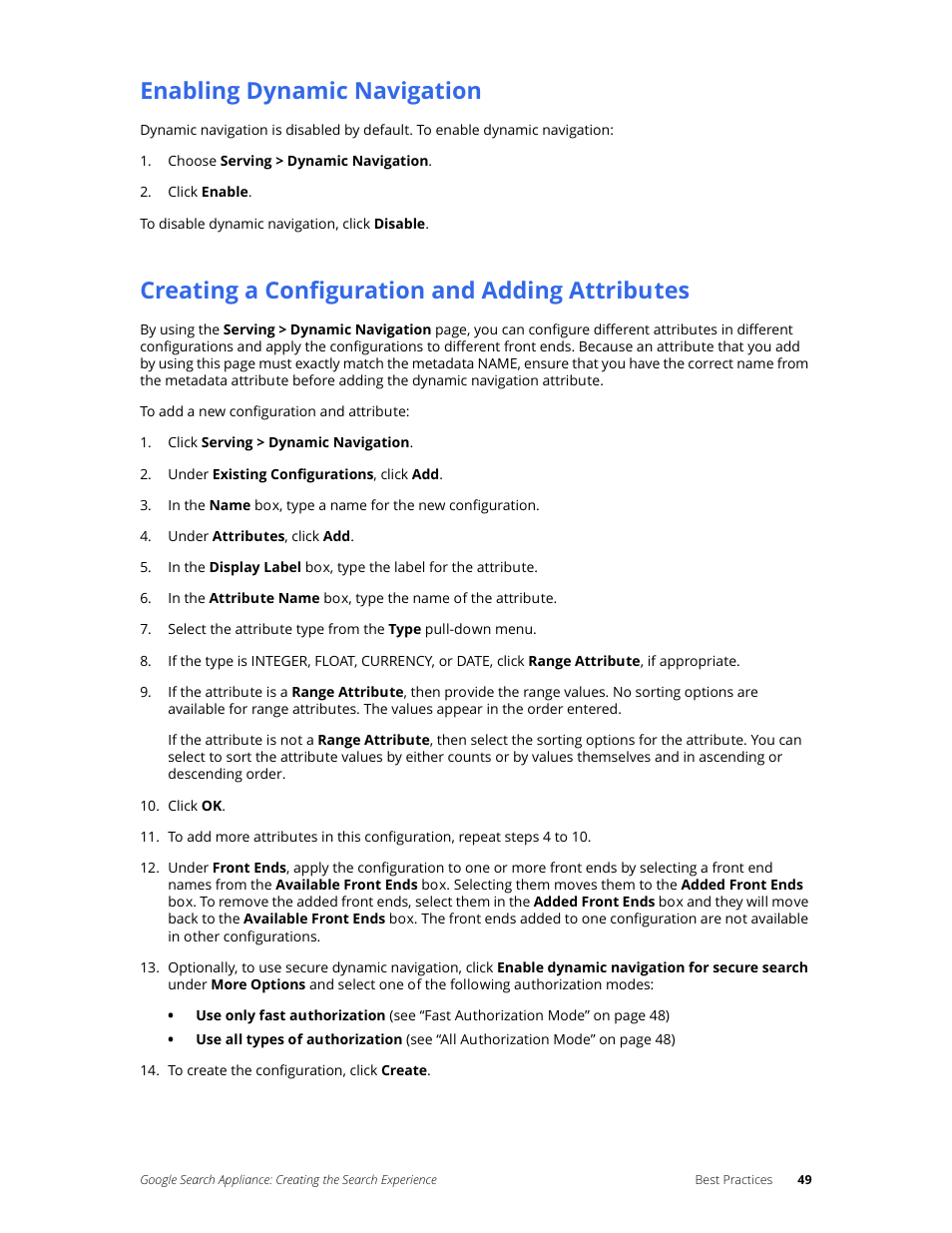 Enabling dynamic navigation, Creating a configuration and adding attributes | Google Search Appliance Creating the Search Experience User Manual | Page 49 / 141