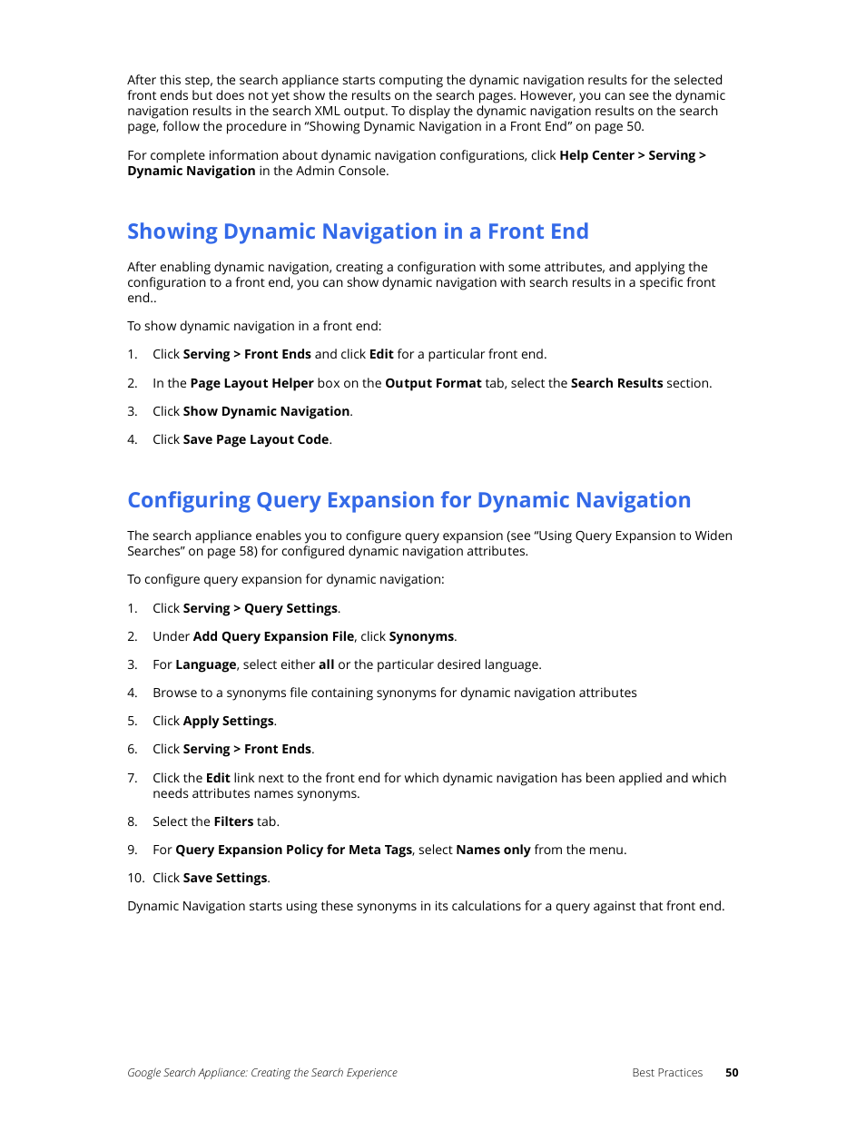 Showing dynamic navigation in a front end, Configuring query expansion for dynamic navigation | Google Search Appliance Creating the Search Experience User Manual | Page 50 / 141