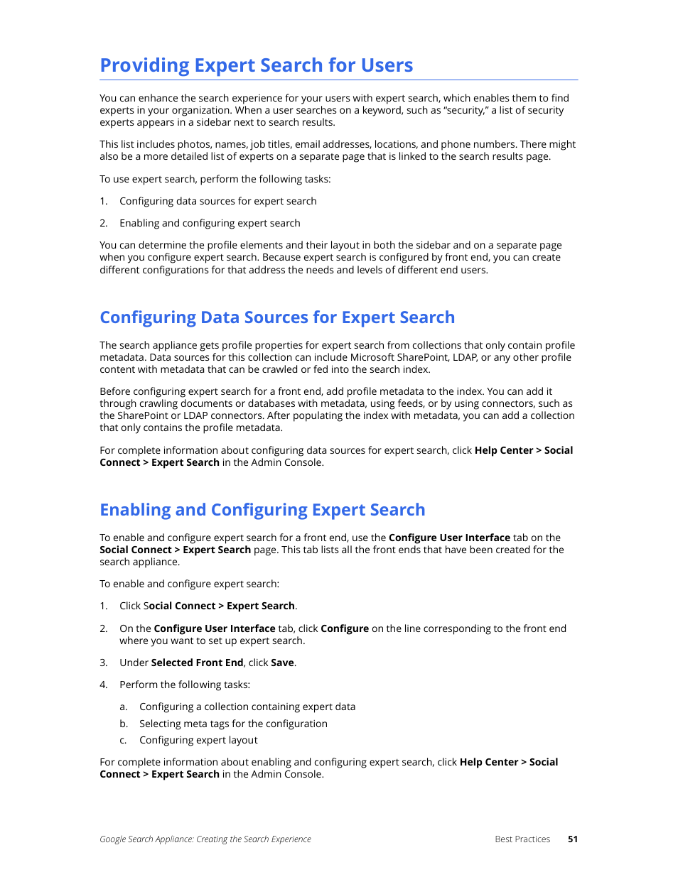 Providing expert search for users, Configuring data sources for expert search, Enabling and configuring expert search | Google Search Appliance Creating the Search Experience User Manual | Page 51 / 141