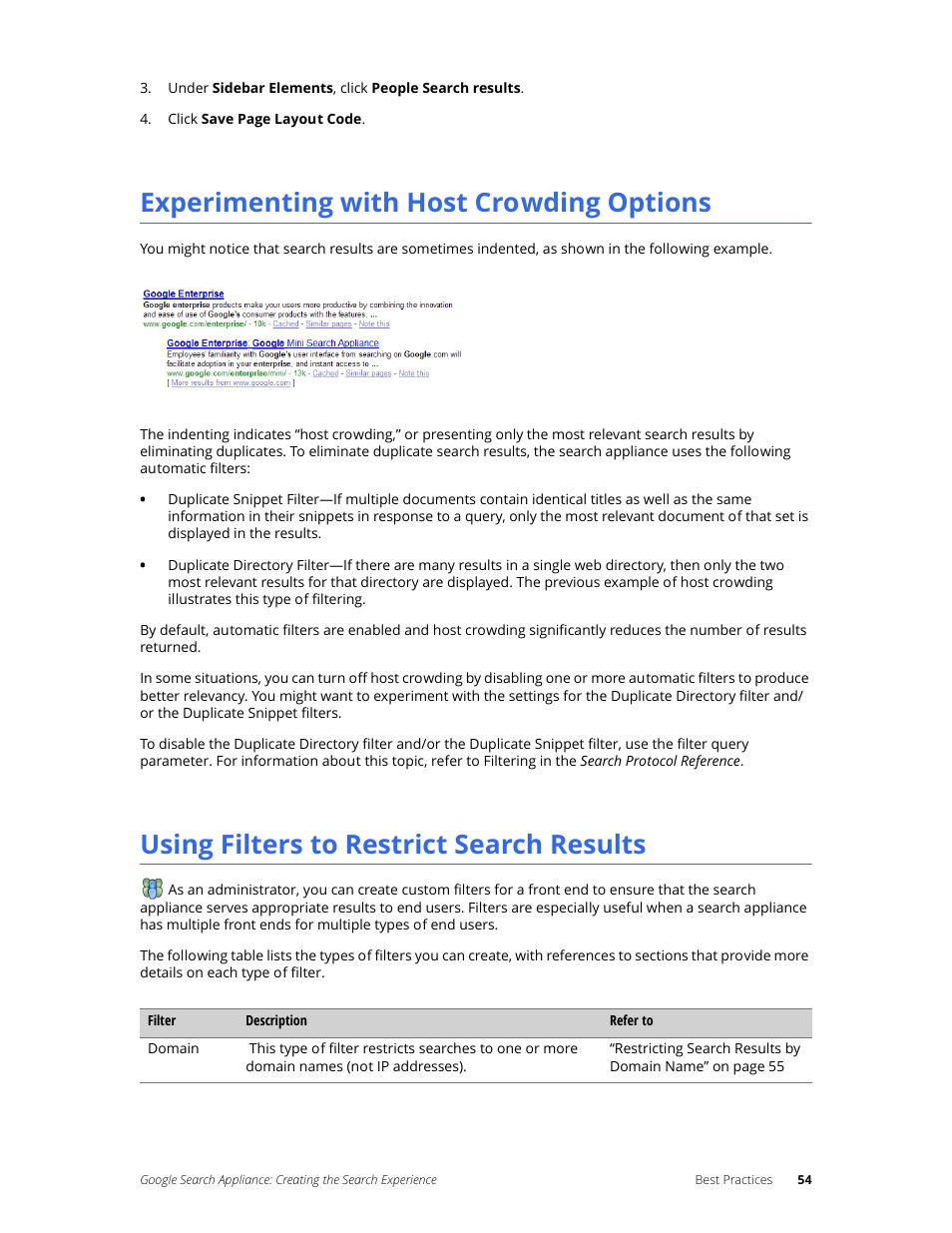 Experimenting with host crowding options, Using filters to restrict search results | Google Search Appliance Creating the Search Experience User Manual | Page 54 / 141