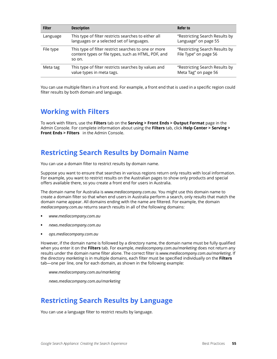 Working with filters, Restricting search results by domain name, Restricting search results by language | Google Search Appliance Creating the Search Experience User Manual | Page 55 / 141