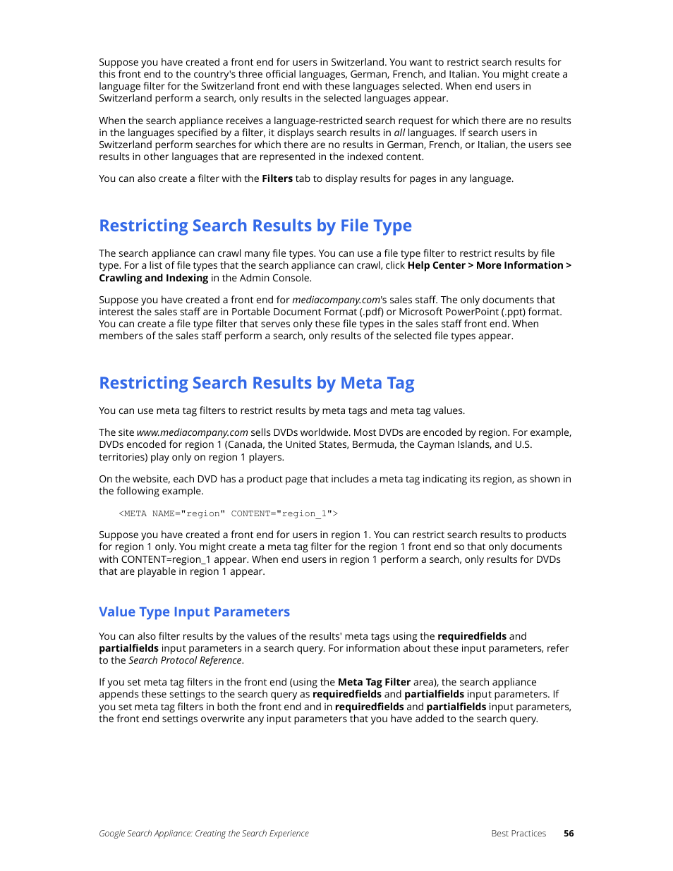 Restricting search results by file type, Restricting search results by meta tag, Value type input parameters | Google Search Appliance Creating the Search Experience User Manual | Page 56 / 141