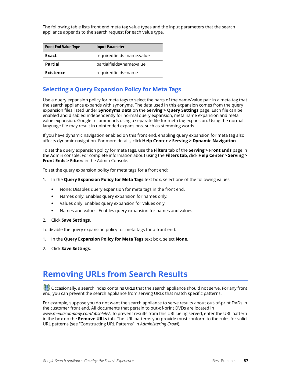 Selecting a query expansion policy for meta tags, Removing urls from search results | Google Search Appliance Creating the Search Experience User Manual | Page 57 / 141