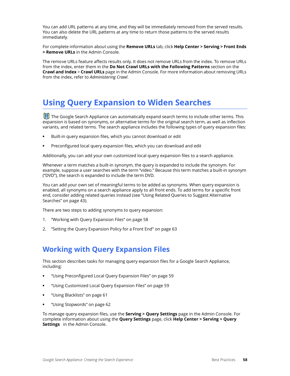 Using query expansion to widen searches, Working with query expansion files | Google Search Appliance Creating the Search Experience User Manual | Page 58 / 141