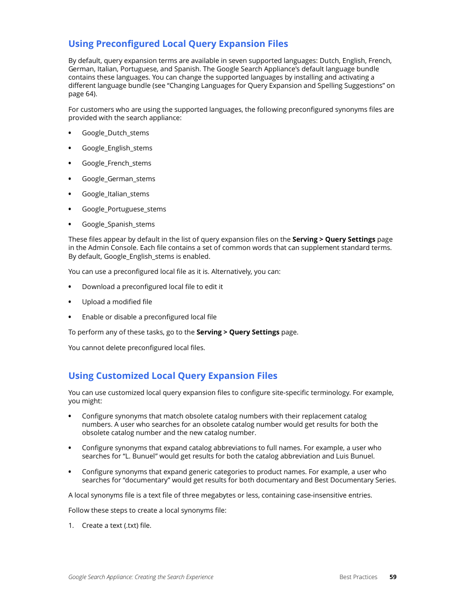 Using preconfigured local query expansion files, Using customized local query expansion files | Google Search Appliance Creating the Search Experience User Manual | Page 59 / 141