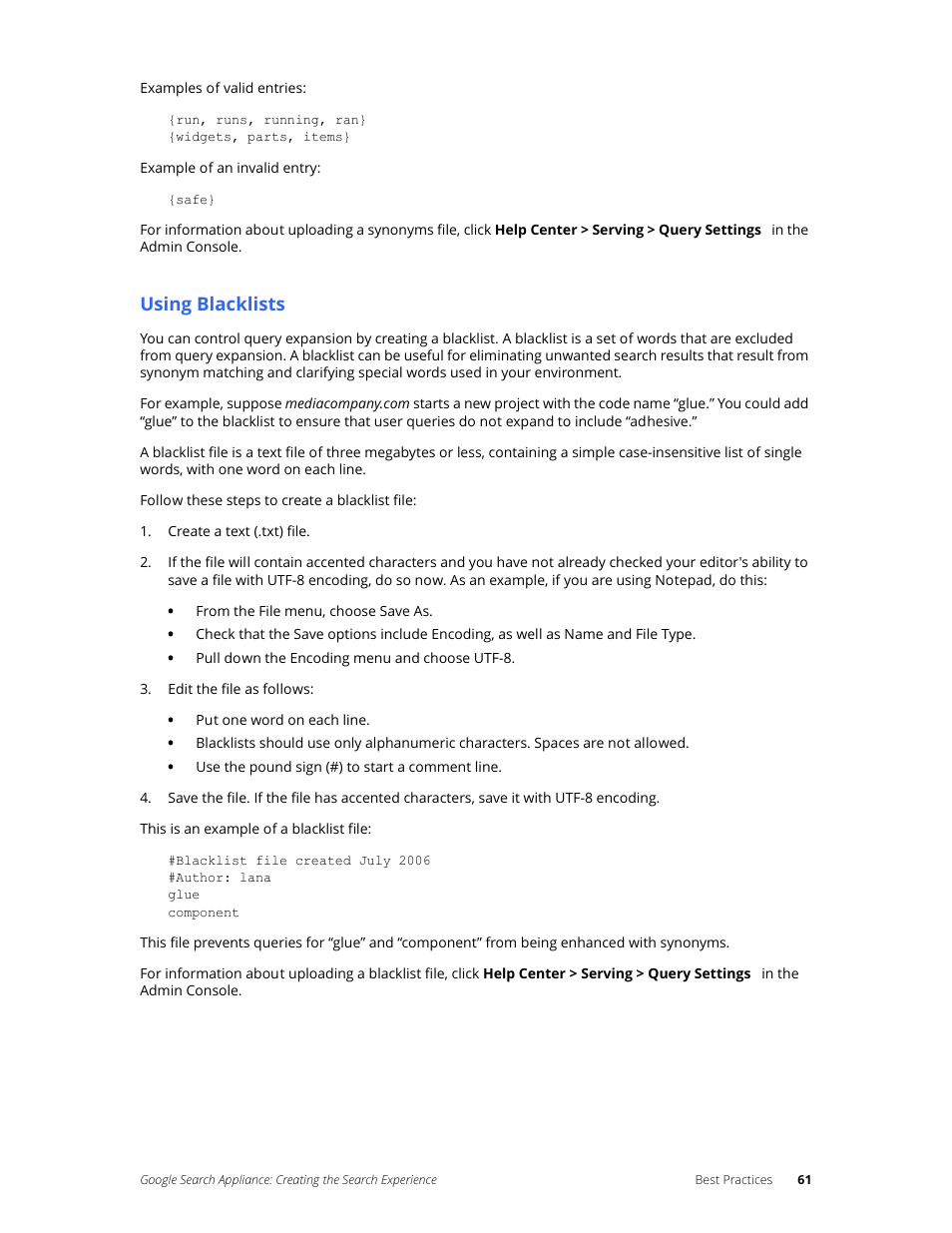 Using blacklists | Google Search Appliance Creating the Search Experience User Manual | Page 61 / 141