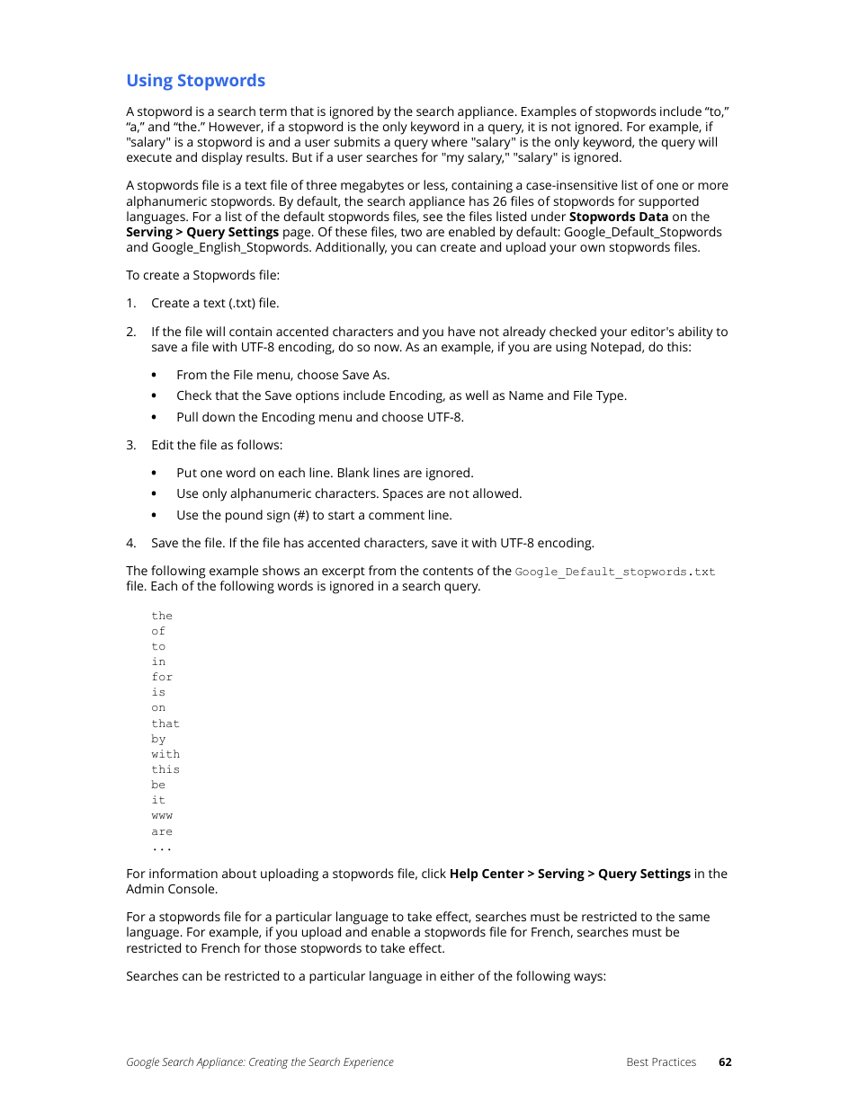 Using stopwords | Google Search Appliance Creating the Search Experience User Manual | Page 62 / 141
