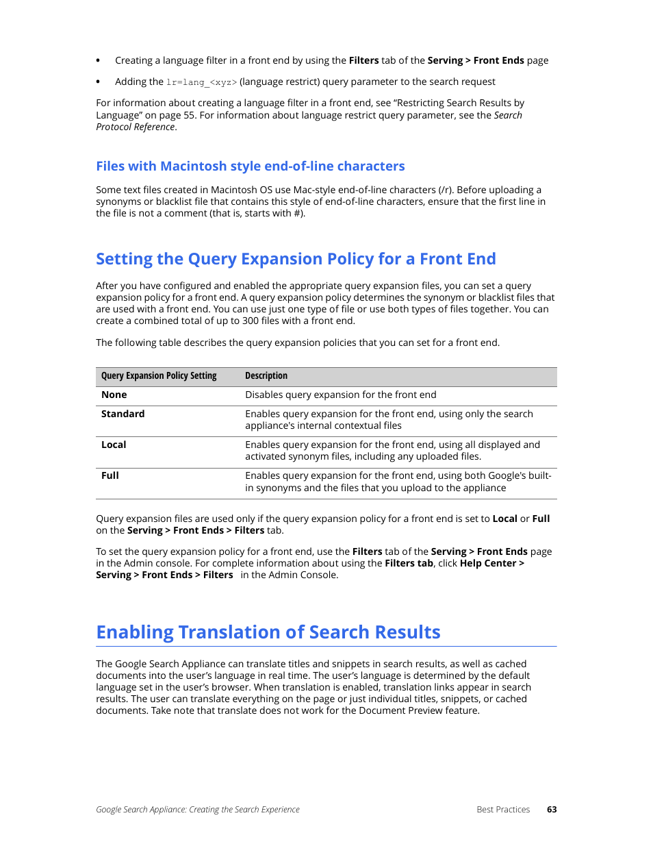 Files with macintosh style end-of-line characters, Setting the query expansion policy for a front end, Enabling translation of search results | Google Search Appliance Creating the Search Experience User Manual | Page 63 / 141