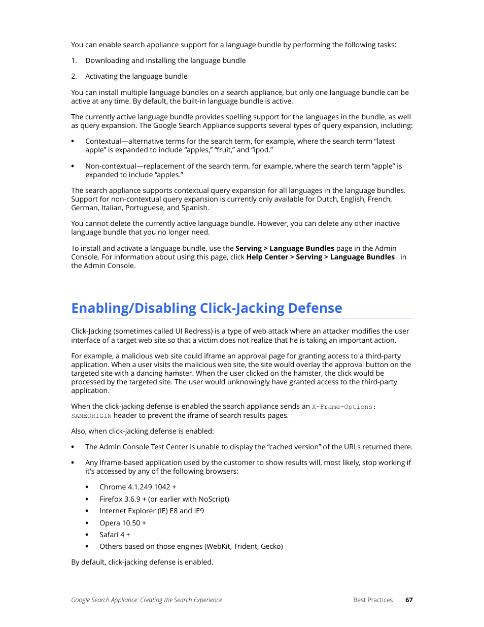 Enabling/disabling click-jacking defense | Google Search Appliance Creating the Search Experience User Manual | Page 67 / 141