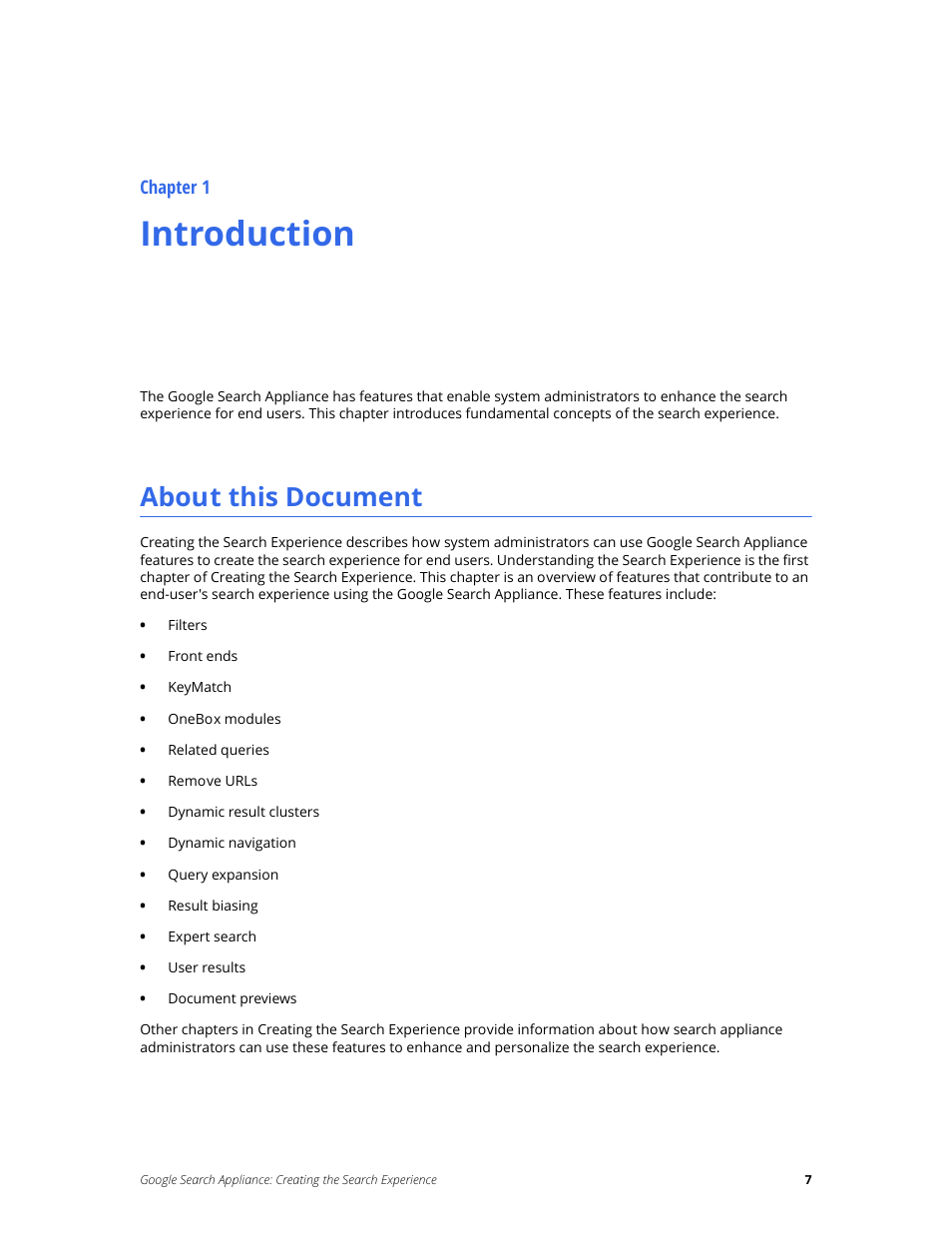 Introduction, About this document, Chapter 1 | Google Search Appliance Creating the Search Experience User Manual | Page 7 / 141