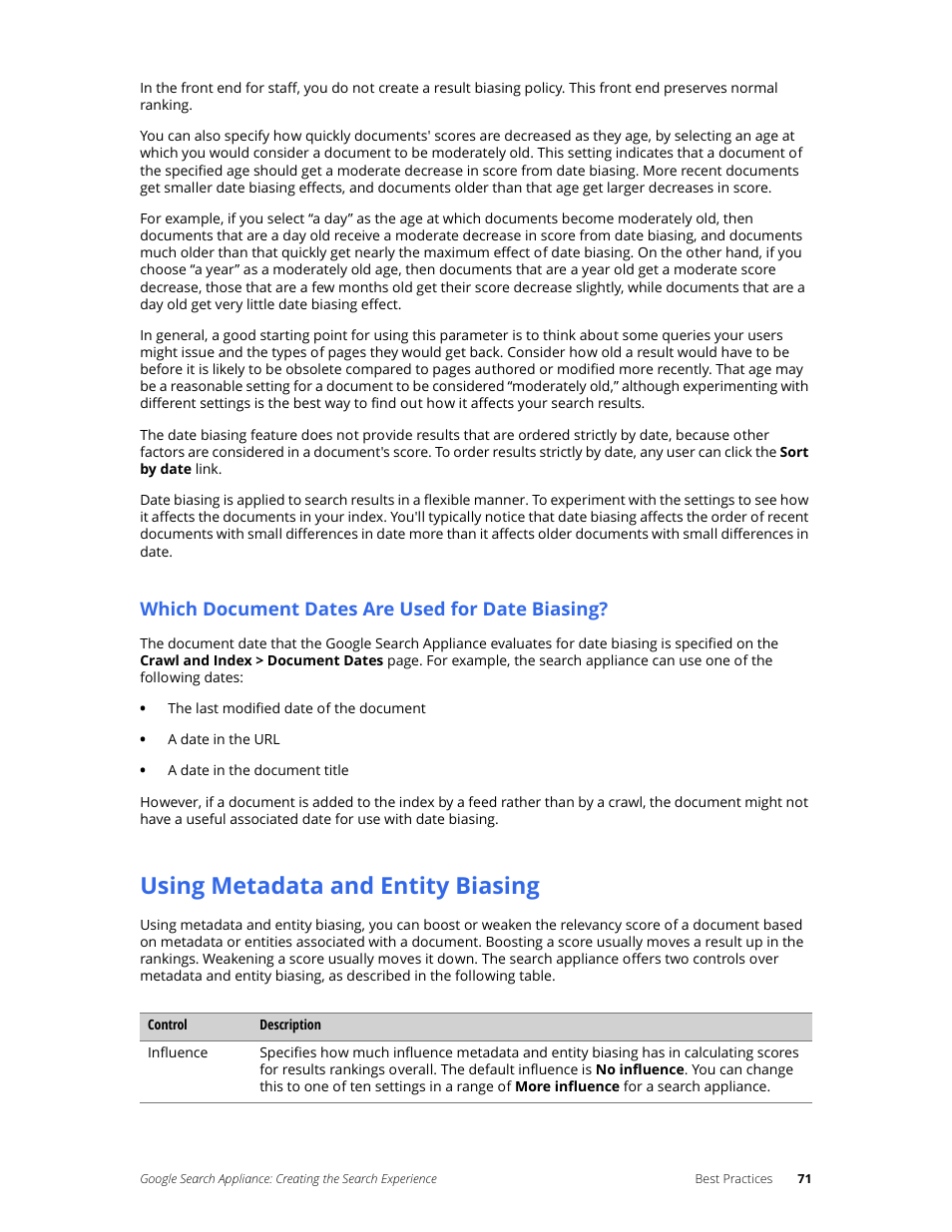 Which document dates are used for date biasing, Using metadata and entity biasing | Google Search Appliance Creating the Search Experience User Manual | Page 71 / 141