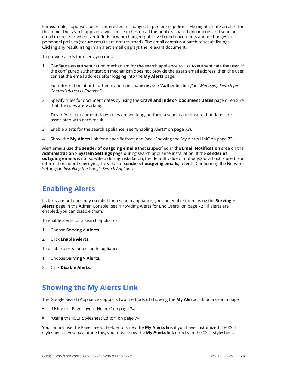 Enabling alerts, Showing the my alerts link | Google Search Appliance Creating the Search Experience User Manual | Page 73 / 141