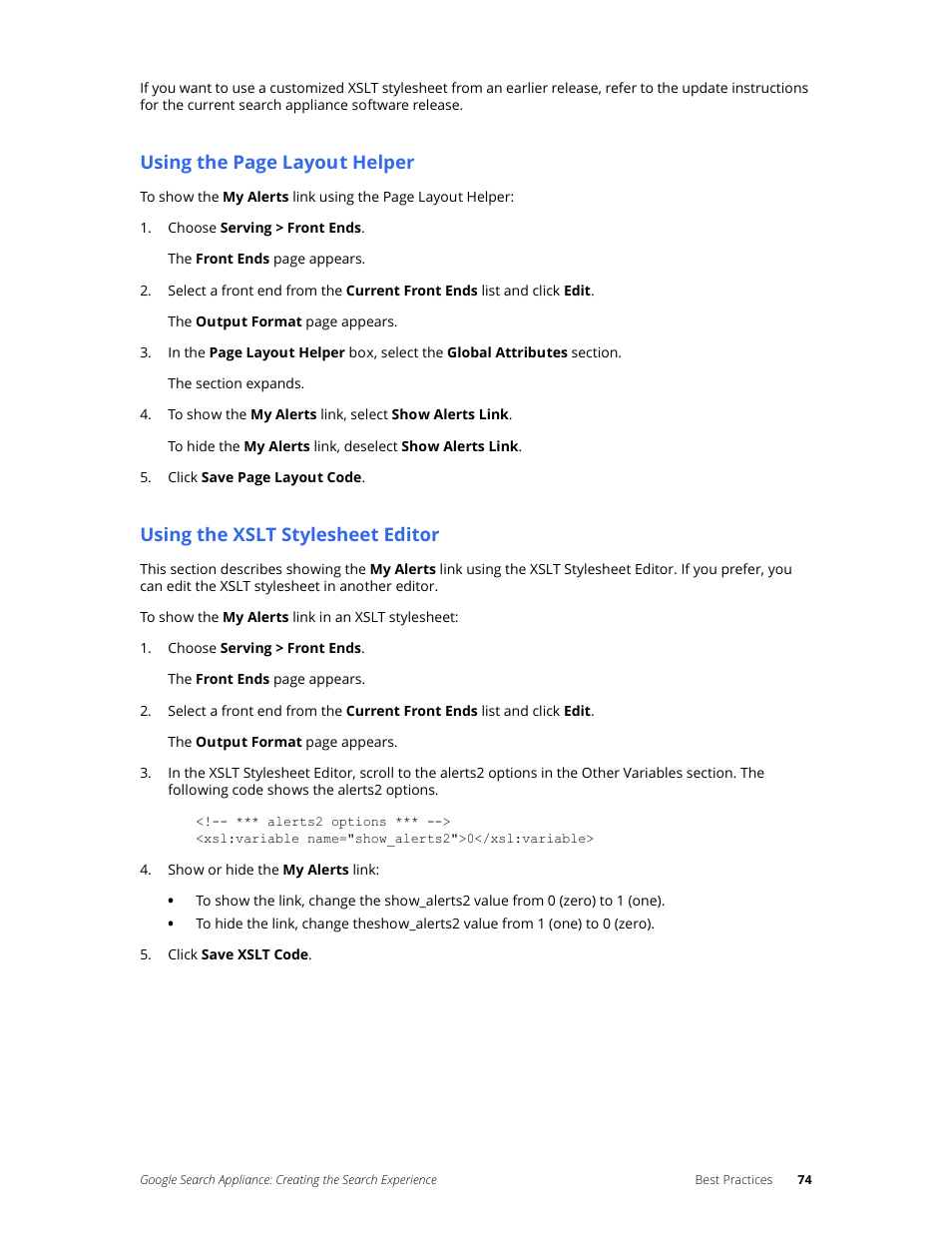 Using the xslt stylesheet editor, Using the page layout helper | Google Search Appliance Creating the Search Experience User Manual | Page 74 / 141