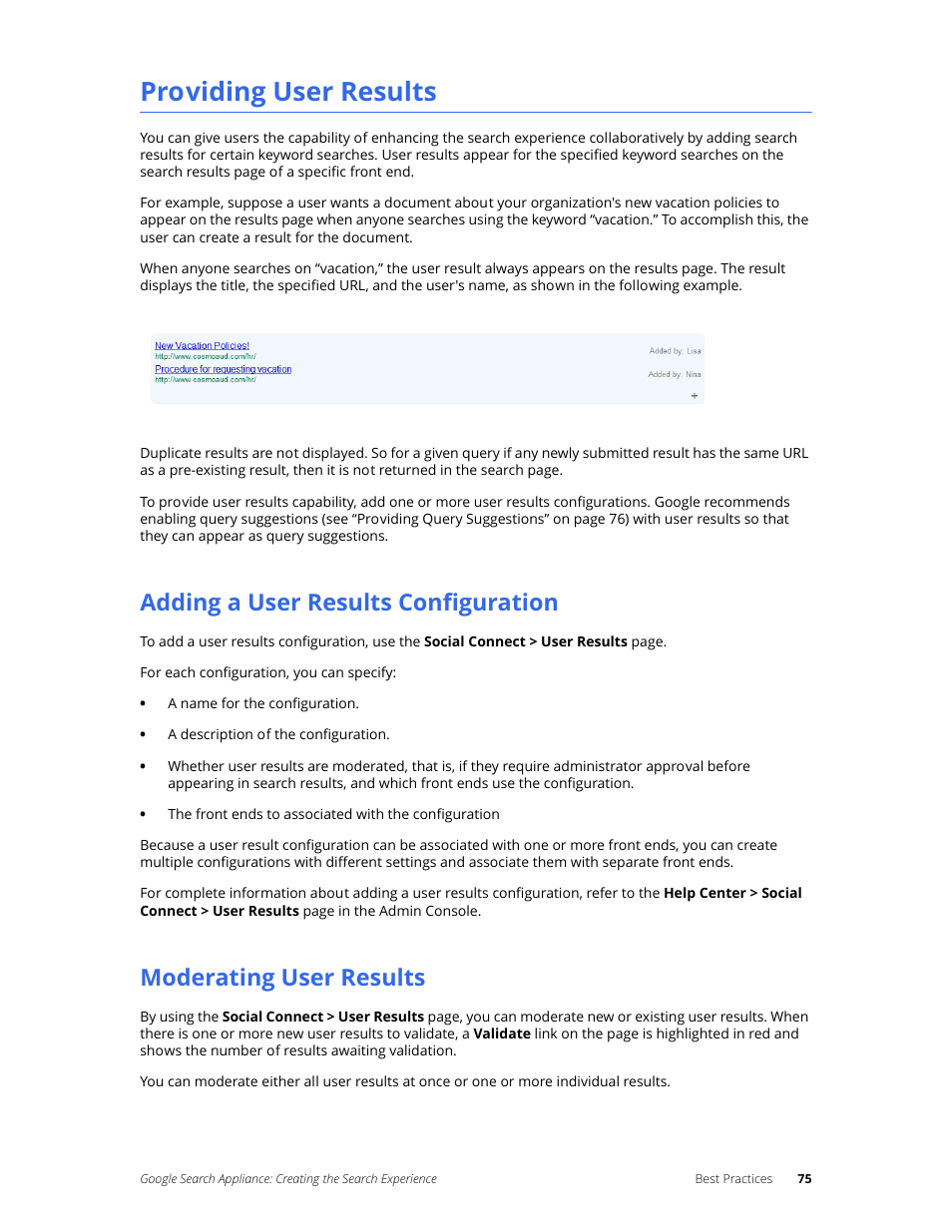 Providing user results, Adding a user results configuration, Moderating user results | Google Search Appliance Creating the Search Experience User Manual | Page 75 / 141