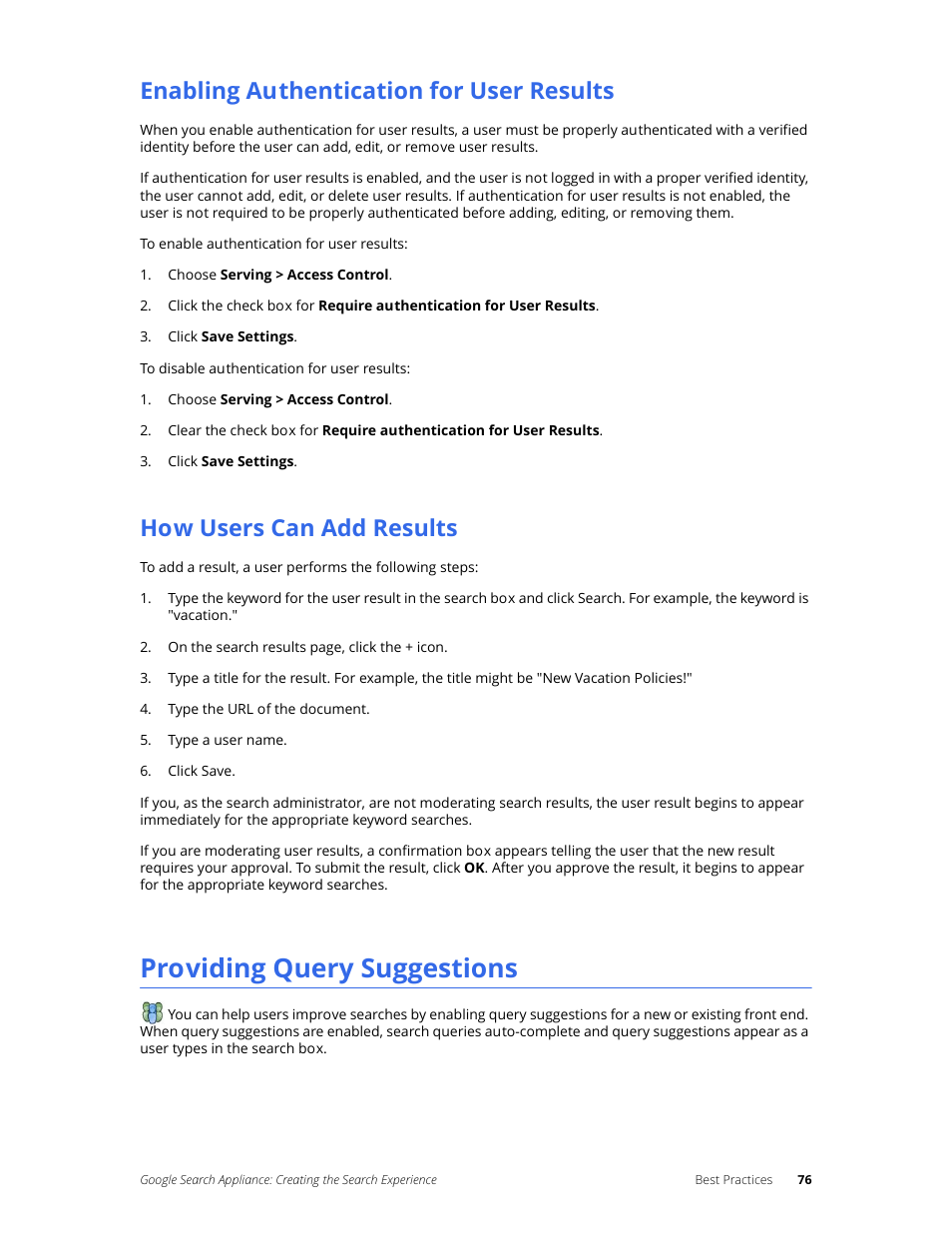 Enabling authentication for user results, How users can add results, Providing query suggestions | Google Search Appliance Creating the Search Experience User Manual | Page 76 / 141