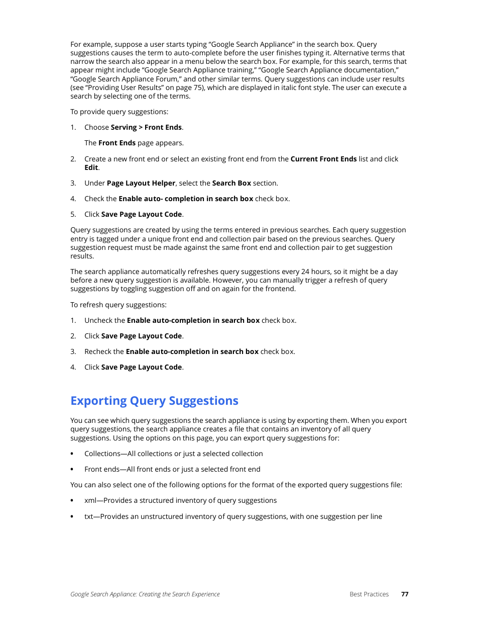 Exporting query suggestions | Google Search Appliance Creating the Search Experience User Manual | Page 77 / 141