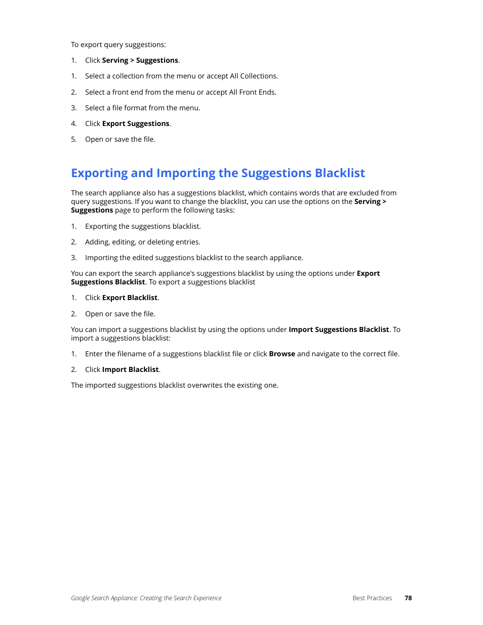 Exporting and importing the suggestions blacklist | Google Search Appliance Creating the Search Experience User Manual | Page 78 / 141