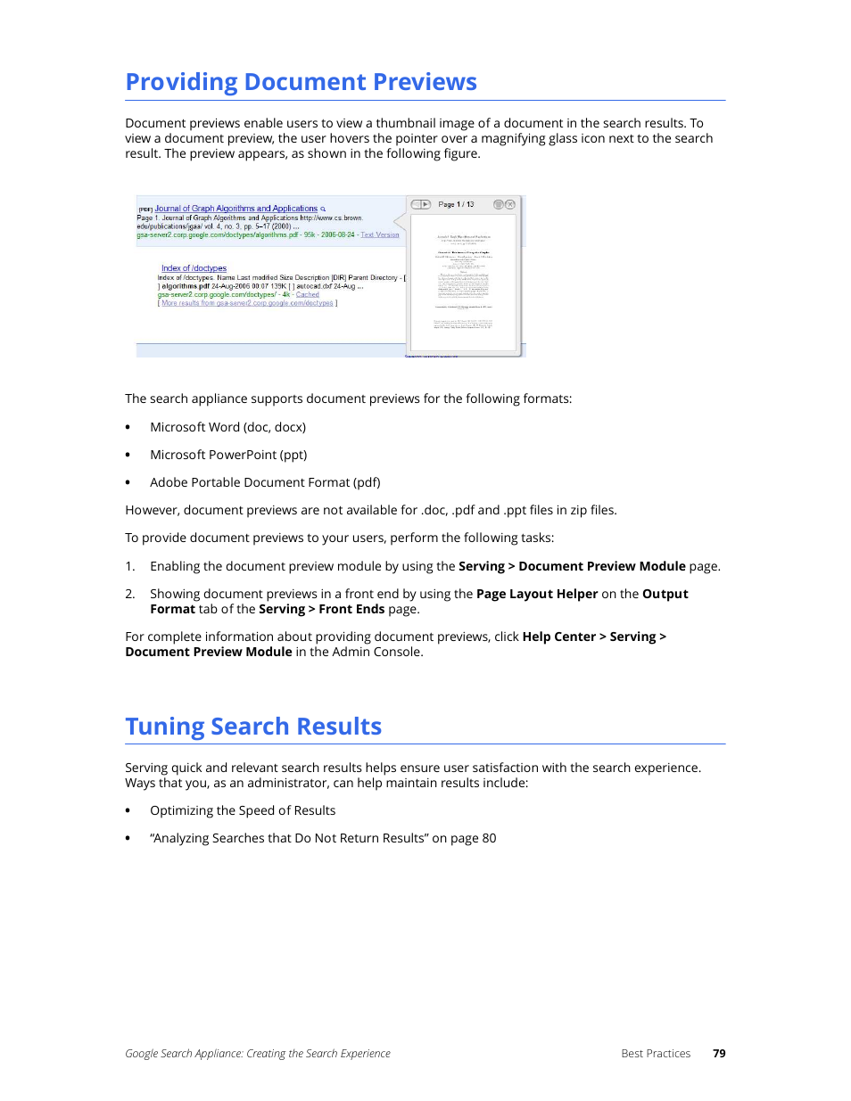 Providing document previews, Tuning search results | Google Search Appliance Creating the Search Experience User Manual | Page 79 / 141