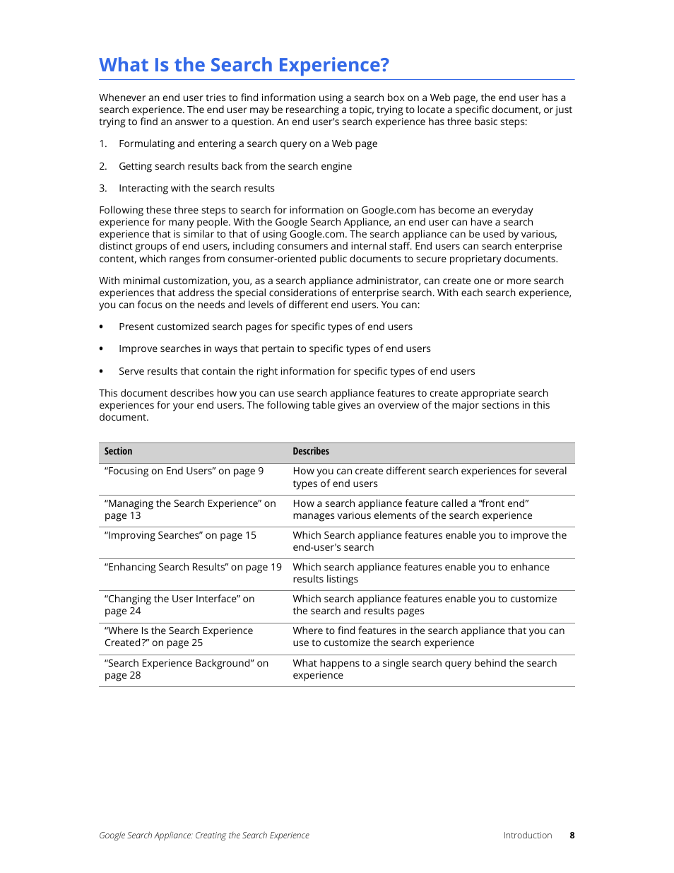 What is the search experience | Google Search Appliance Creating the Search Experience User Manual | Page 8 / 141