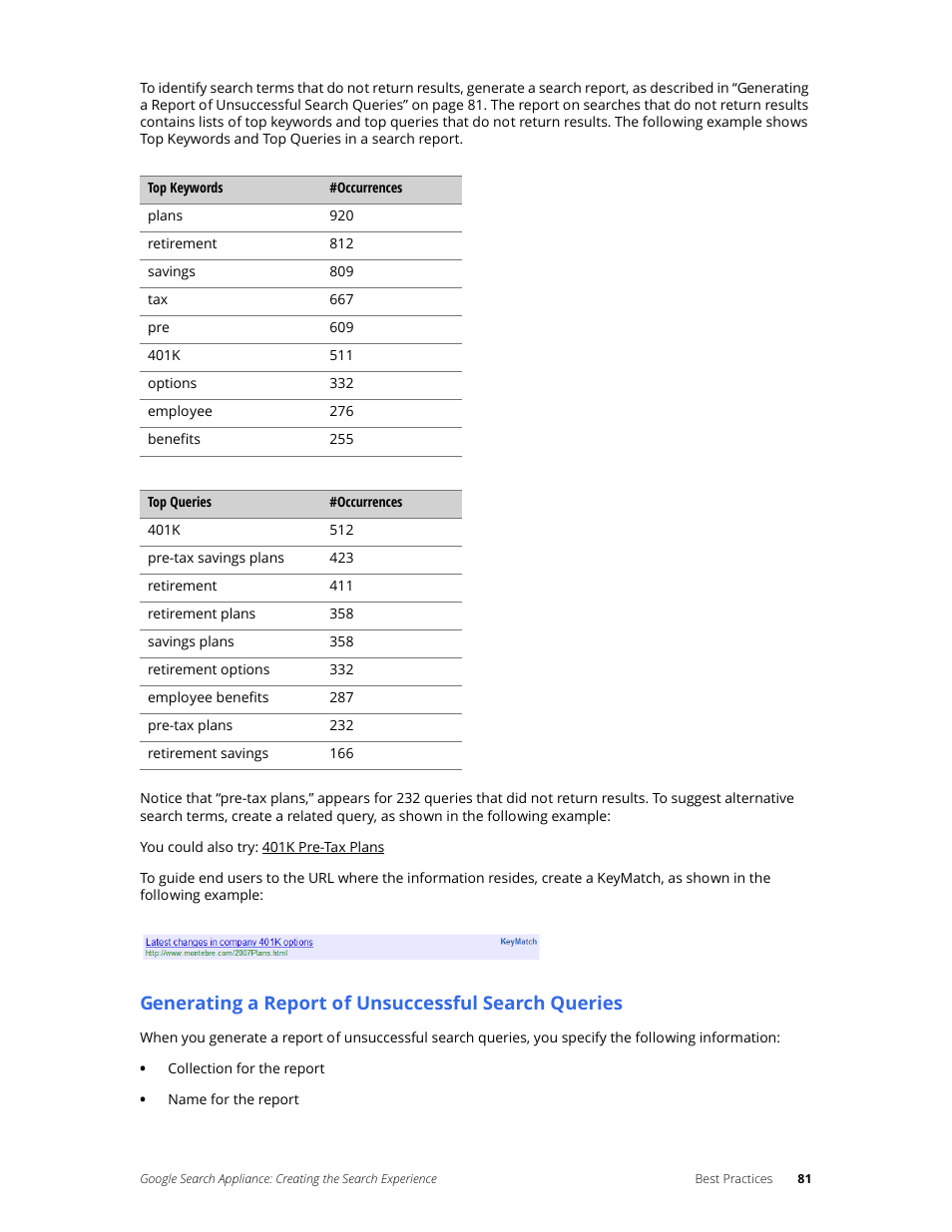 Generating a report of unsuccessful search queries | Google Search Appliance Creating the Search Experience User Manual | Page 81 / 141