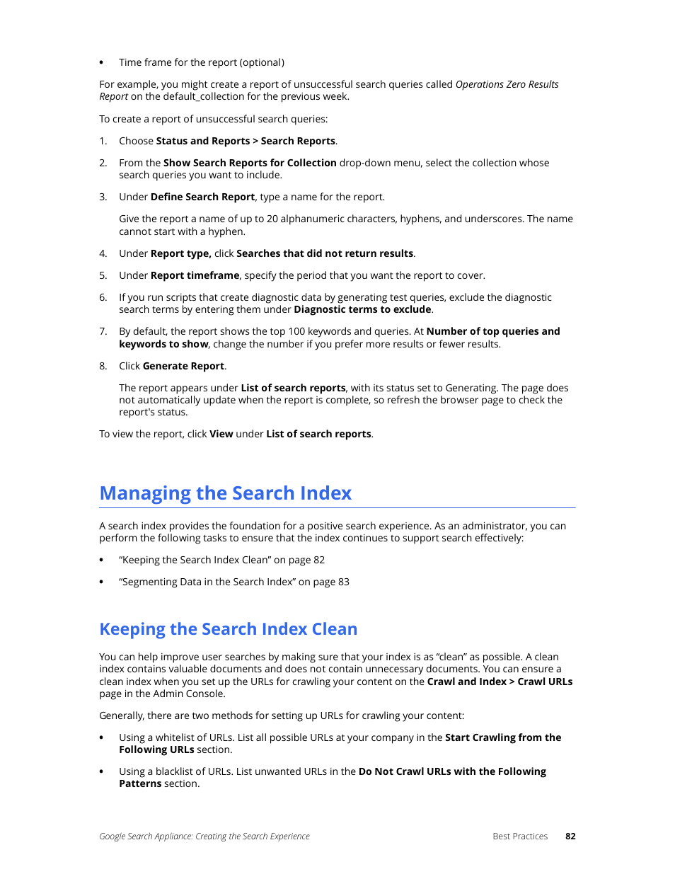 Managing the search index, Keeping the search index clean | Google Search Appliance Creating the Search Experience User Manual | Page 82 / 141