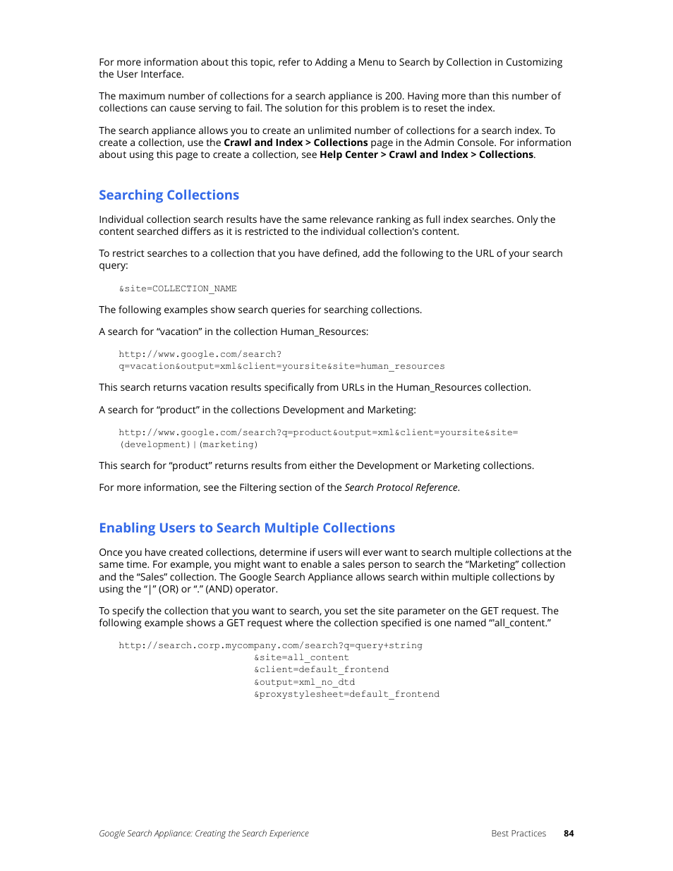 Searching collections, Enabling users to search multiple collections | Google Search Appliance Creating the Search Experience User Manual | Page 84 / 141