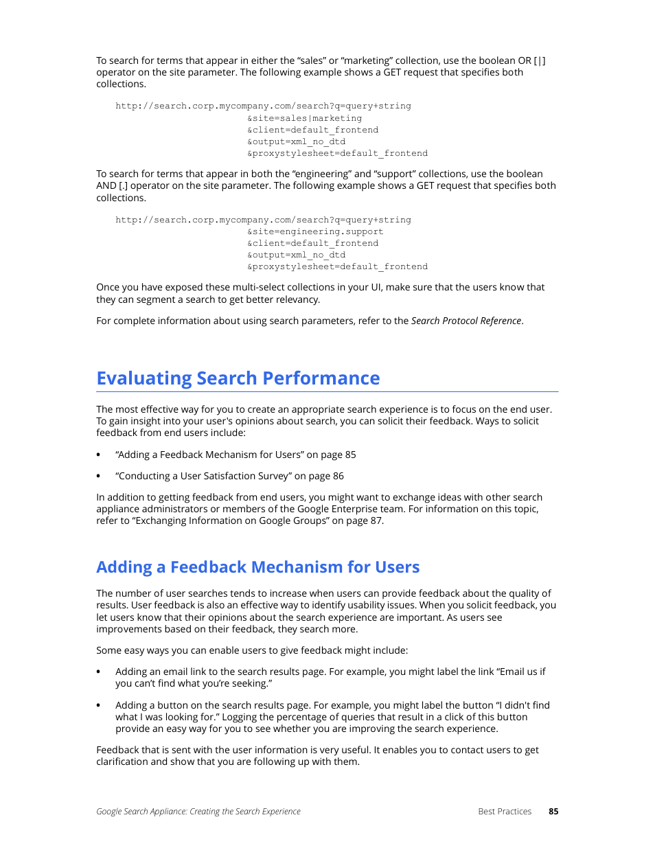 Evaluating search performance, Adding a feedback mechanism for users | Google Search Appliance Creating the Search Experience User Manual | Page 85 / 141