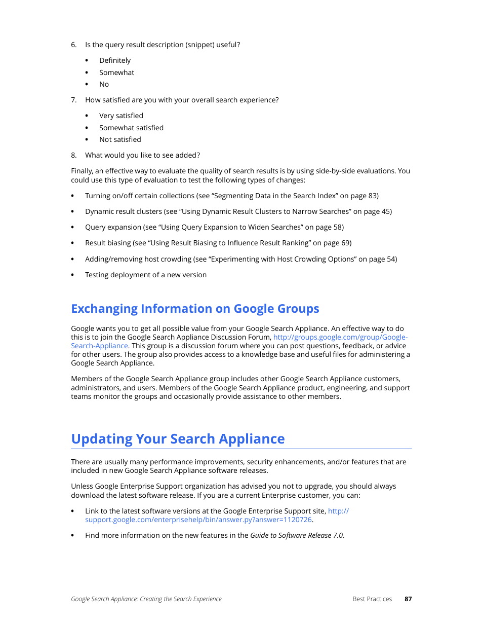 Exchanging information on google groups, Updating your search appliance | Google Search Appliance Creating the Search Experience User Manual | Page 87 / 141