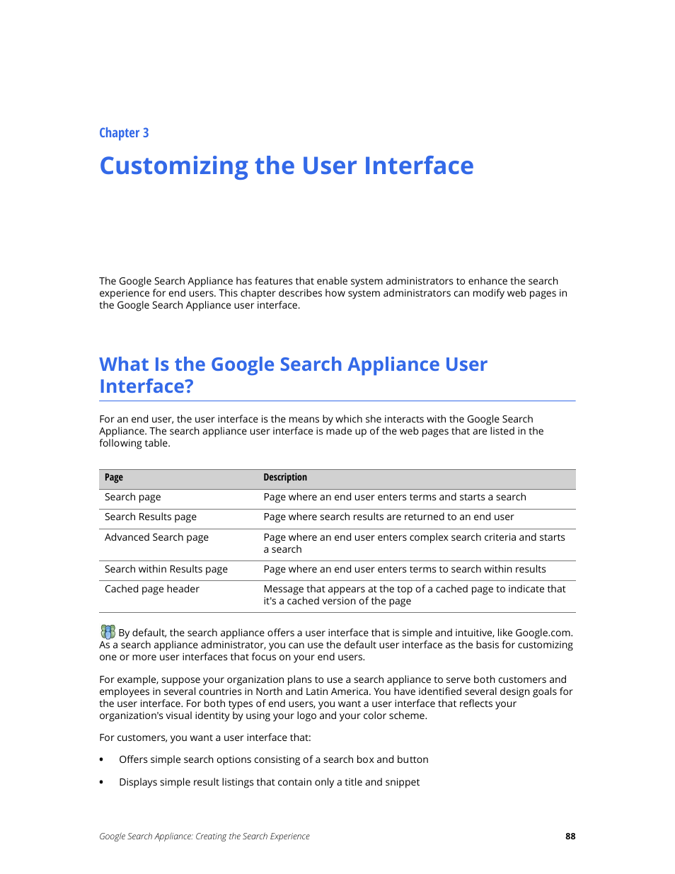 Customizing the user interface, What is the google search appliance user interface, Chapter 3 | Google Search Appliance Creating the Search Experience User Manual | Page 88 / 141