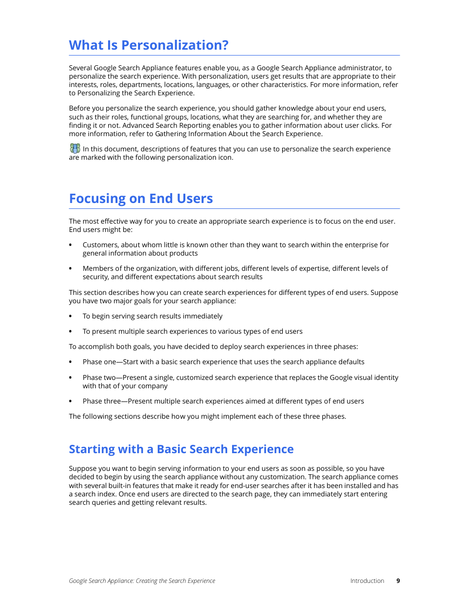 What is personalization, Focusing on end users, Starting with a basic search experience | Google Search Appliance Creating the Search Experience User Manual | Page 9 / 141
