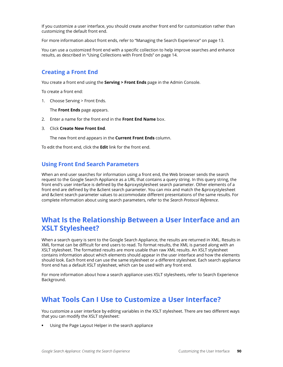 Creating a front end, Using front end search parameters, What tools can i use to customize a user interface | Google Search Appliance Creating the Search Experience User Manual | Page 90 / 141