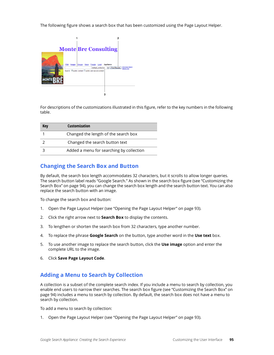 Changing the search box and button, Adding a menu to search by collection | Google Search Appliance Creating the Search Experience User Manual | Page 95 / 141