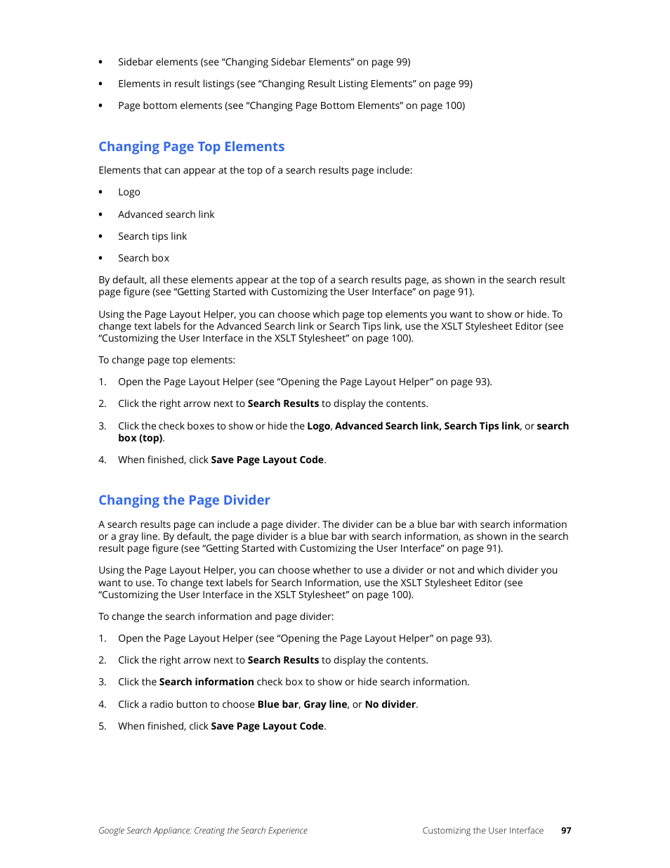 Changing page top elements, Changing the page divider | Google Search Appliance Creating the Search Experience User Manual | Page 97 / 141