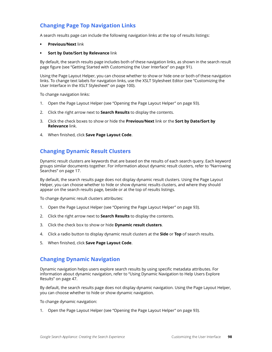 Changing dynamic result clusters, Changing dynamic navigation, Changing page top navigation links | Google Search Appliance Creating the Search Experience User Manual | Page 98 / 141