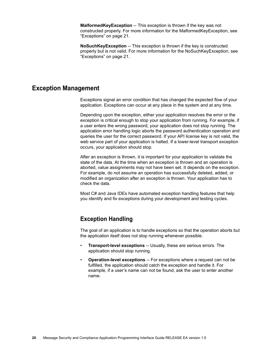 Exception management, Exception handling, Exception handling 20 | Google Apps Security and Compliance Services Web Services Application Programming Interface Guide, Early Access Version 1.5 User Manual | Page 23 / 70