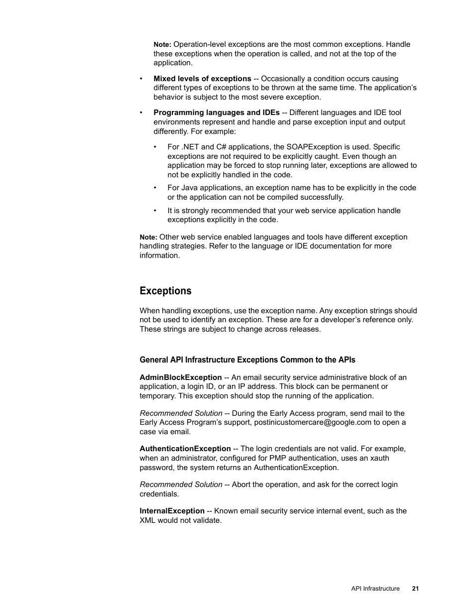 Exceptions, Exceptions 21 | Google Apps Security and Compliance Services Web Services Application Programming Interface Guide, Early Access Version 1.5 User Manual | Page 24 / 70