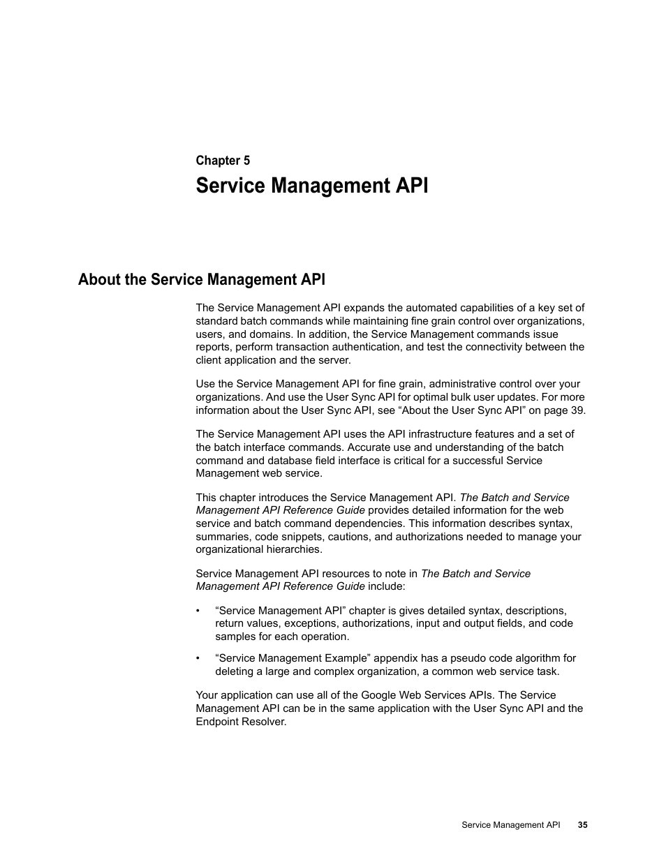 Service management api, About the service management api, Chapter 5: service management api | Google Apps Security and Compliance Services Web Services Application Programming Interface Guide, Early Access Version 1.5 User Manual | Page 37 / 70