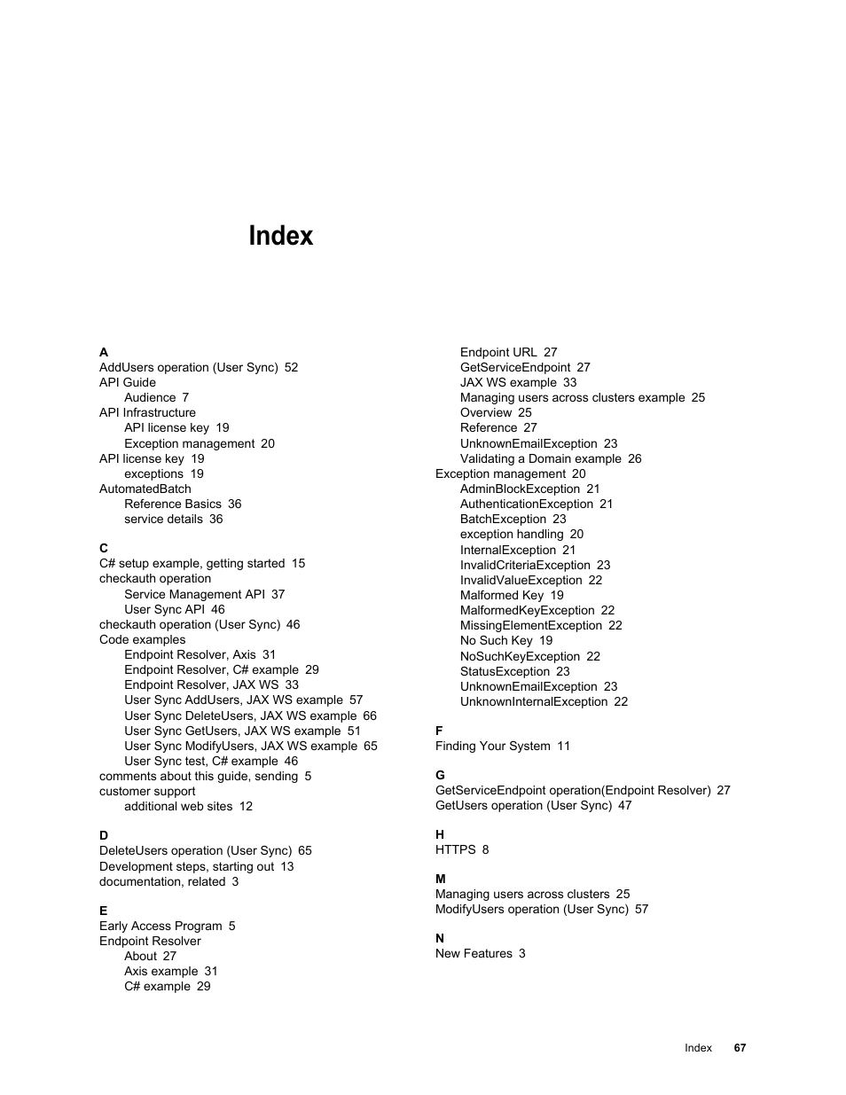 Index | Google Apps Security and Compliance Services Web Services Application Programming Interface Guide, Early Access Version 1.5 User Manual | Page 69 / 70