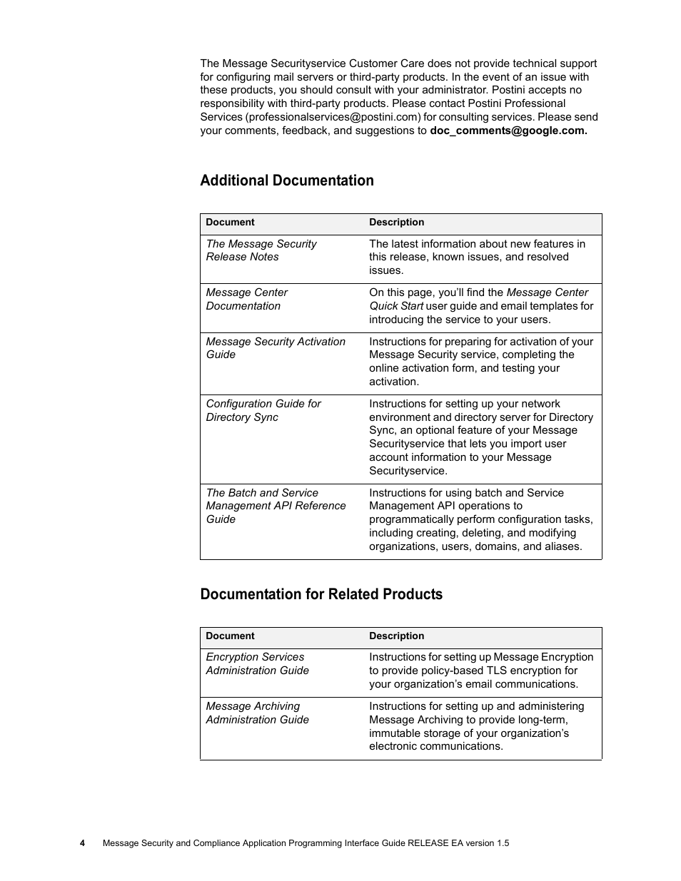 Additional documentation, Documentation for related products, Documentation for related products 4 | Google Apps Security and Compliance Services Web Services Application Programming Interface Guide, Early Access Version 1.5 User Manual | Page 8 / 70