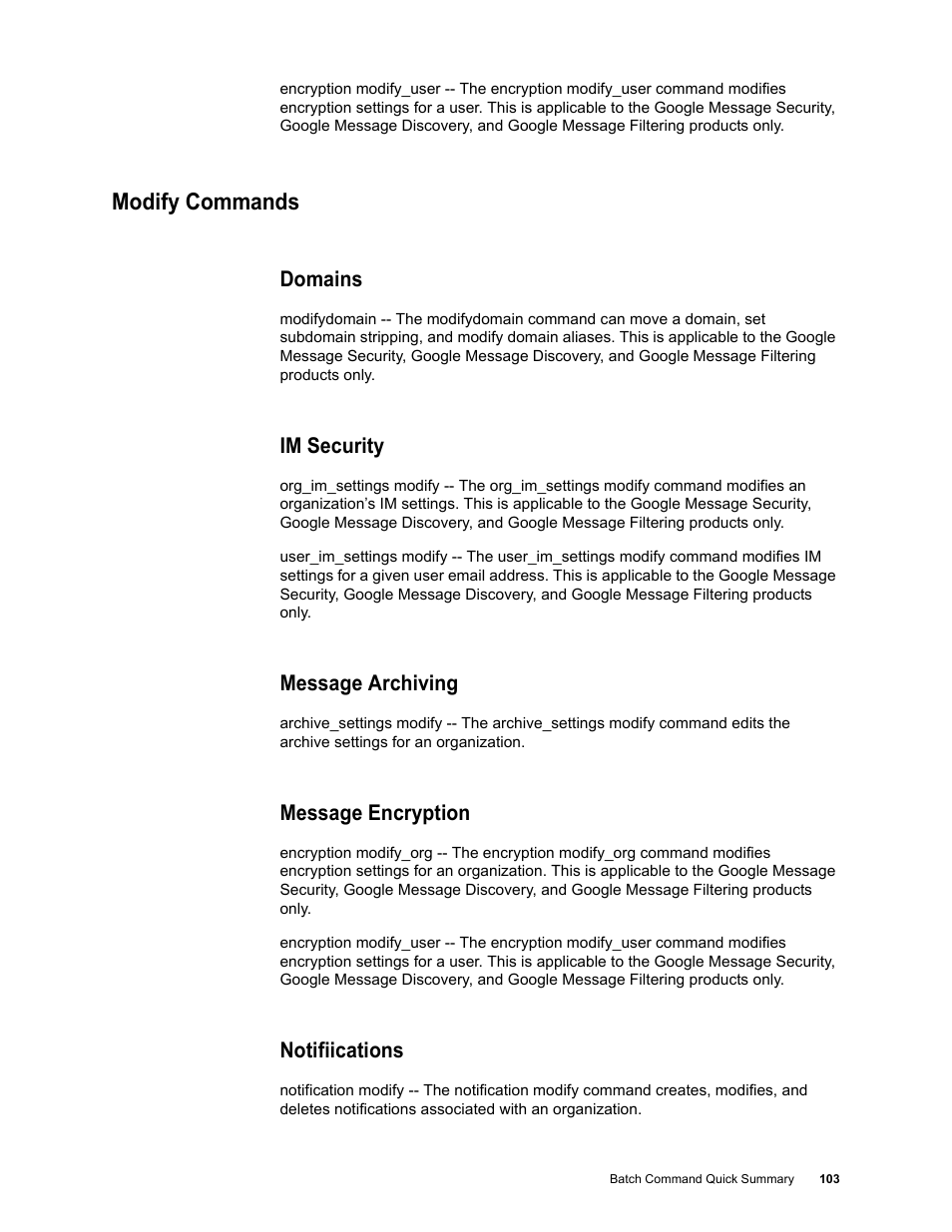 Modify commands, Domains, Im security | Message archiving, Message encryption, Notifiications | Google Message Security Batch Reference Guide User Manual | Page 101 / 561