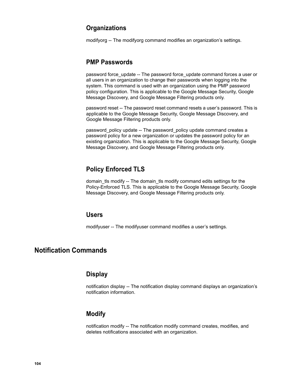 Organizations, Pmp passwords, Policy enforced tls | Users, Notification commands, Display, Modify | Google Message Security Batch Reference Guide User Manual | Page 102 / 561