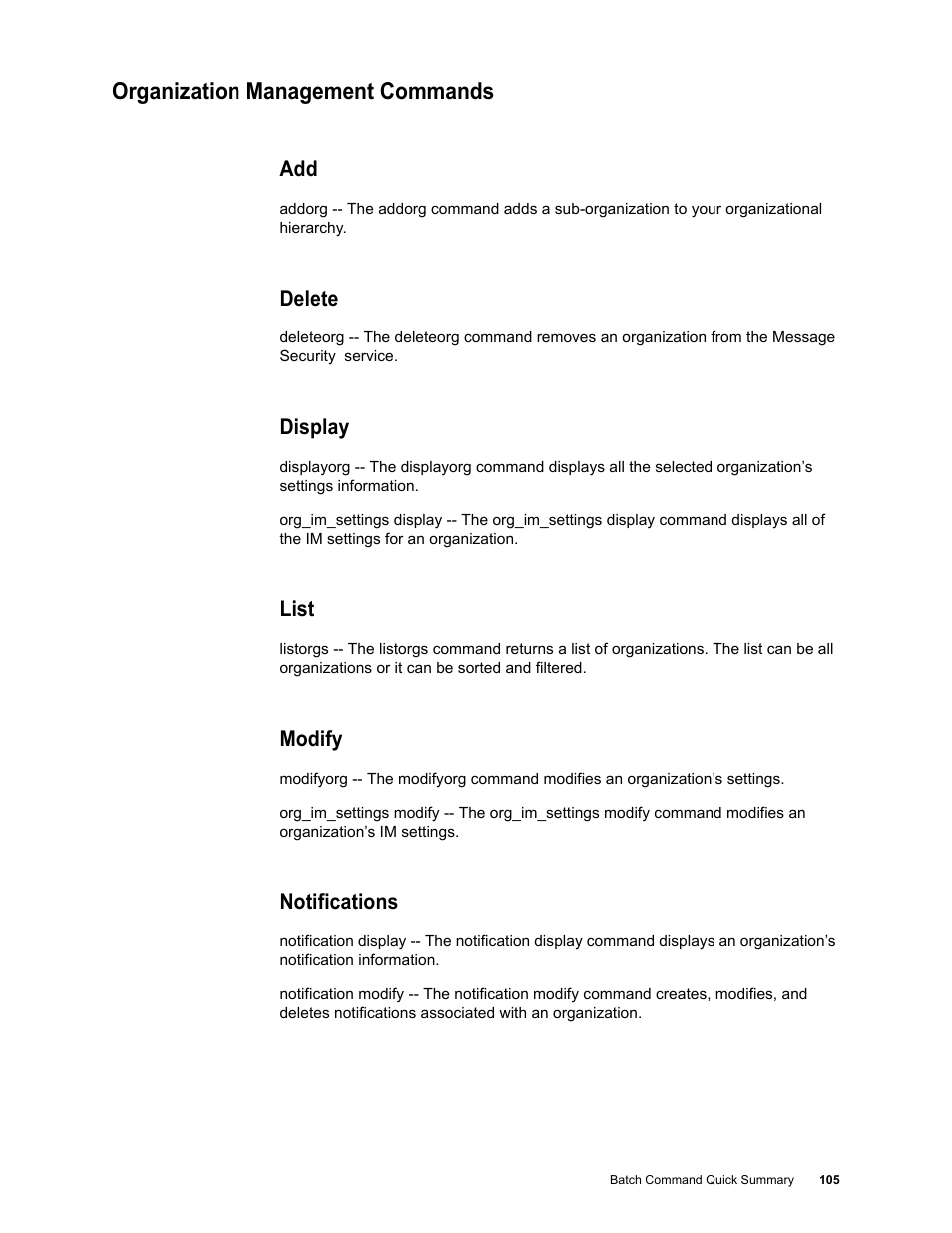 Organization management commands, Delete, Display | List, Modify, Notifications | Google Message Security Batch Reference Guide User Manual | Page 103 / 561