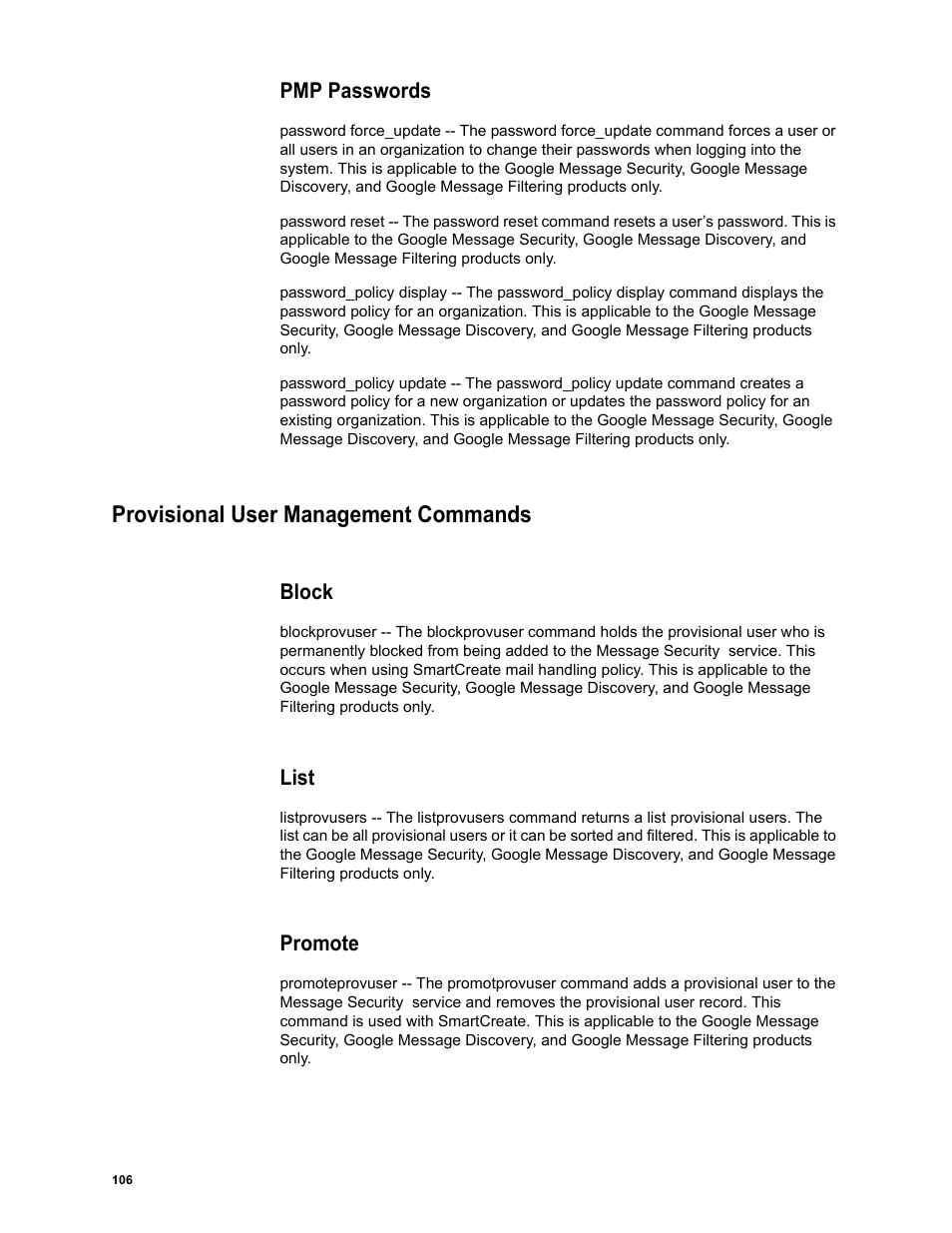 Pmp passwords, Provisional user management commands, Block | List, Promote | Google Message Security Batch Reference Guide User Manual | Page 104 / 561